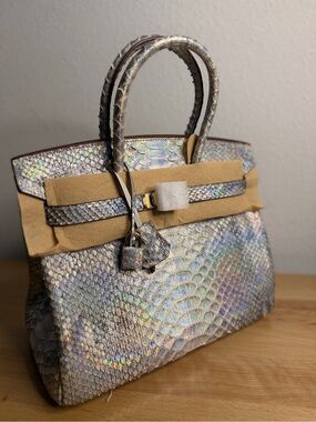 H Birkin 25 metallic silver python PHW iridescent reflective imported leather